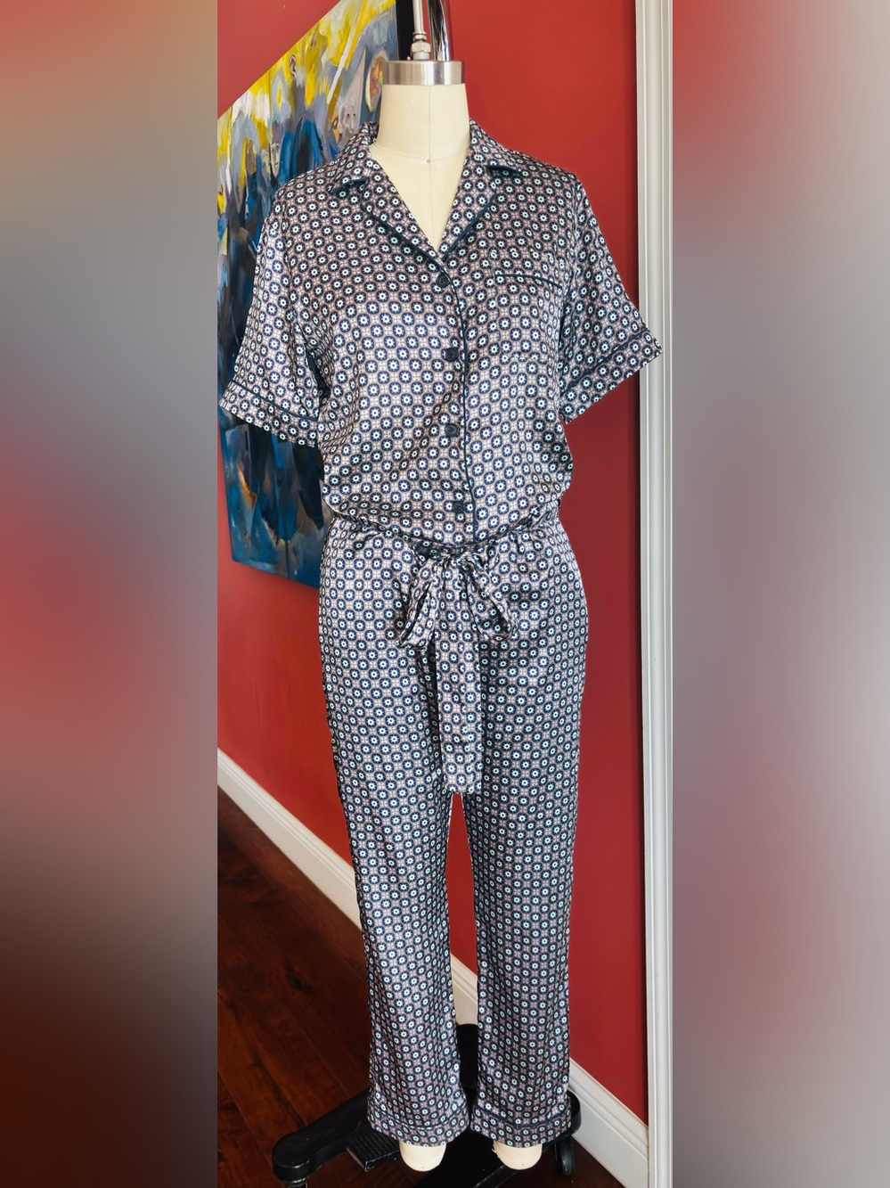 Clover Canyon Navy & White Geo Print Tie-Waist Jumpsuit